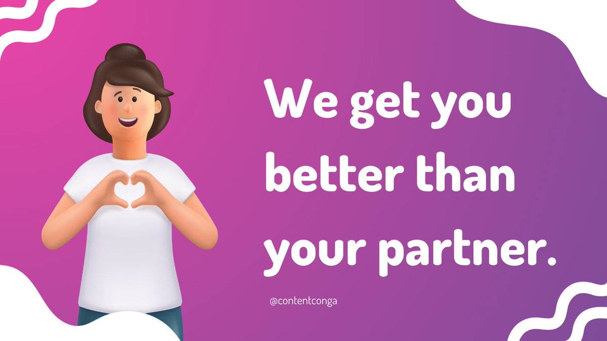 ContentConga's tweet photo. ✅ Expert knowledge. ✅ Quick turnaround. ✅ No revisions. Hands up if you want that kind of easy relationship with a copywriter 🙋 Luckily for you, we’re basically mind readers who ‘get’ you better than your other half. We can’t do the washing up, but we can create compelling content. Hit us up to get started.