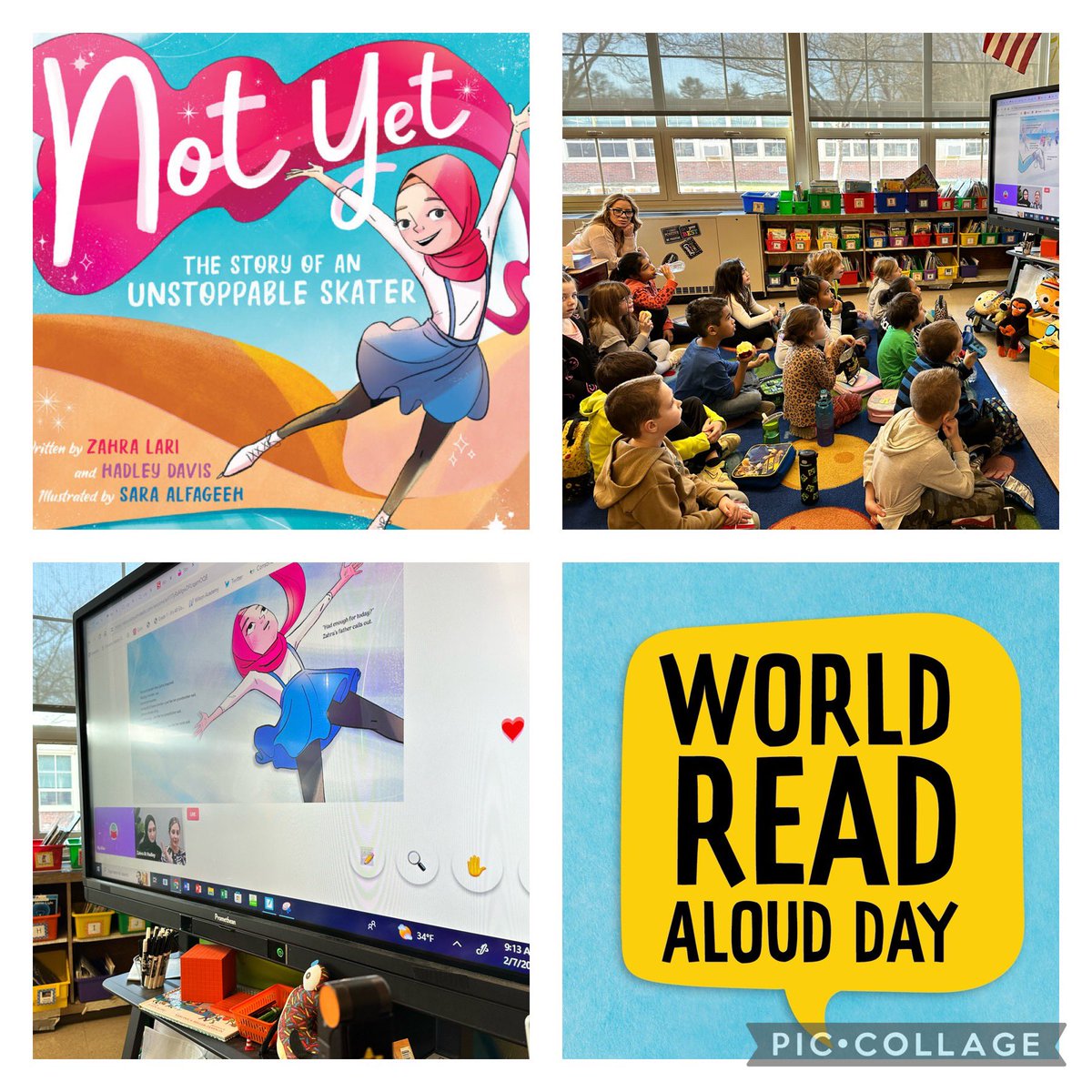 Listening to ⛸️ @zahra_lari and 🎥Hadley Davis read their new book Not Yet live from Abu Dhabi for #WorldReadAloudDay! @SaraAlfageeh we 💜 your illustrations! @ScholasticEdu @Scholastic @storyvoicelive #thepowerofYET