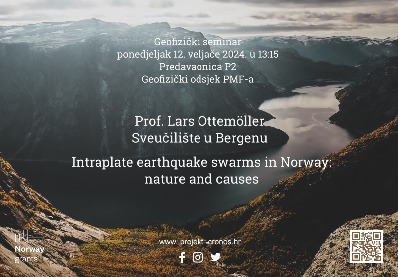 U ponedjeljak 12. 2. 2024. na Geofizičkom odsjeku PMF-a održat će se zanimljiv seminar – Lars Ottmöller, profesor seizmologije na Sveučilištu u Bergenu, pričat će o rojevima potresa u Norveškoj! Jako se veselimo i pozivamo vas da nam se pridružite u 13:15 h u predavaonici P2! 1/2
