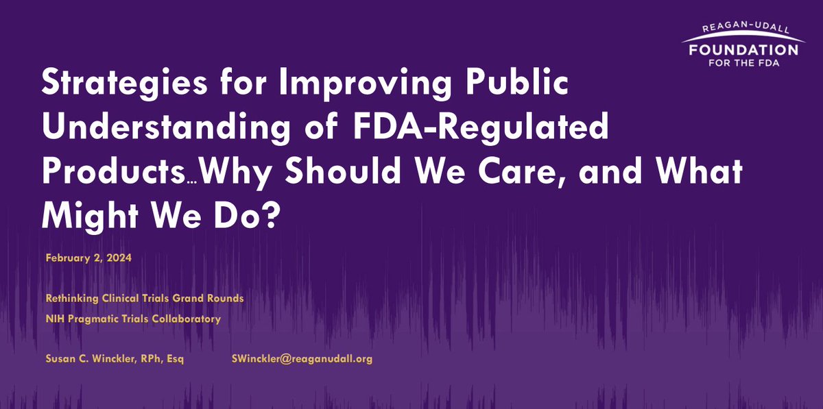 📣 Webinar recording and slides now available: 

'Strategies for Improving Public Understanding of @us_fda and the Products It Regulates…Why Should We Care, and What Might We Do?' with Susan Winckler of @reaganudall 

🔗 bit.ly/3Uz8l0I #pctGR #FDA
