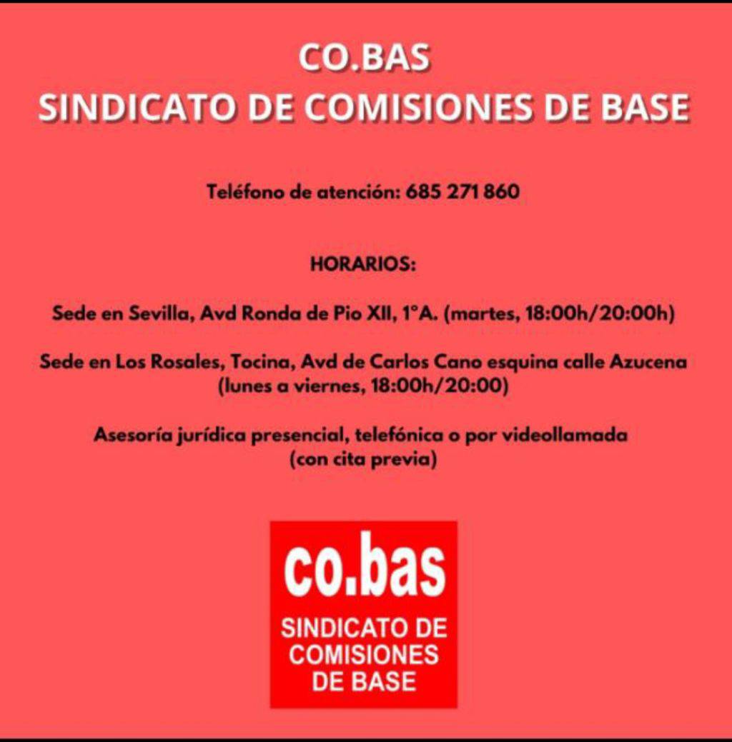 Si estas interesad@ en contactar y ponerte en contacto con el sindicato Co.bas en Sevilla te dejamos esta nota informativa a continuación...
