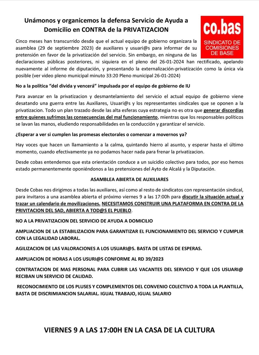 Defendamos el servicio de ayuda a domicilio (SAD) en Alcale del Rio frente a la privatización...¡Los servicios públicos no se venden...se defienden!