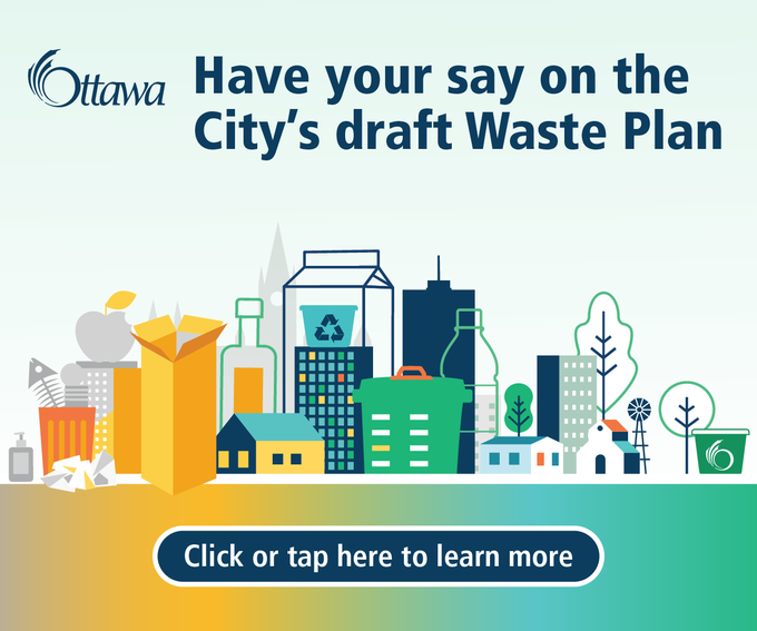 A graphic comprised of waste items (such as cartons and food leftovers) stylized to look like a cityscape. Text reads: “Have your say on the City’s draft Waste Plan. Click or tap here to learn more.” 