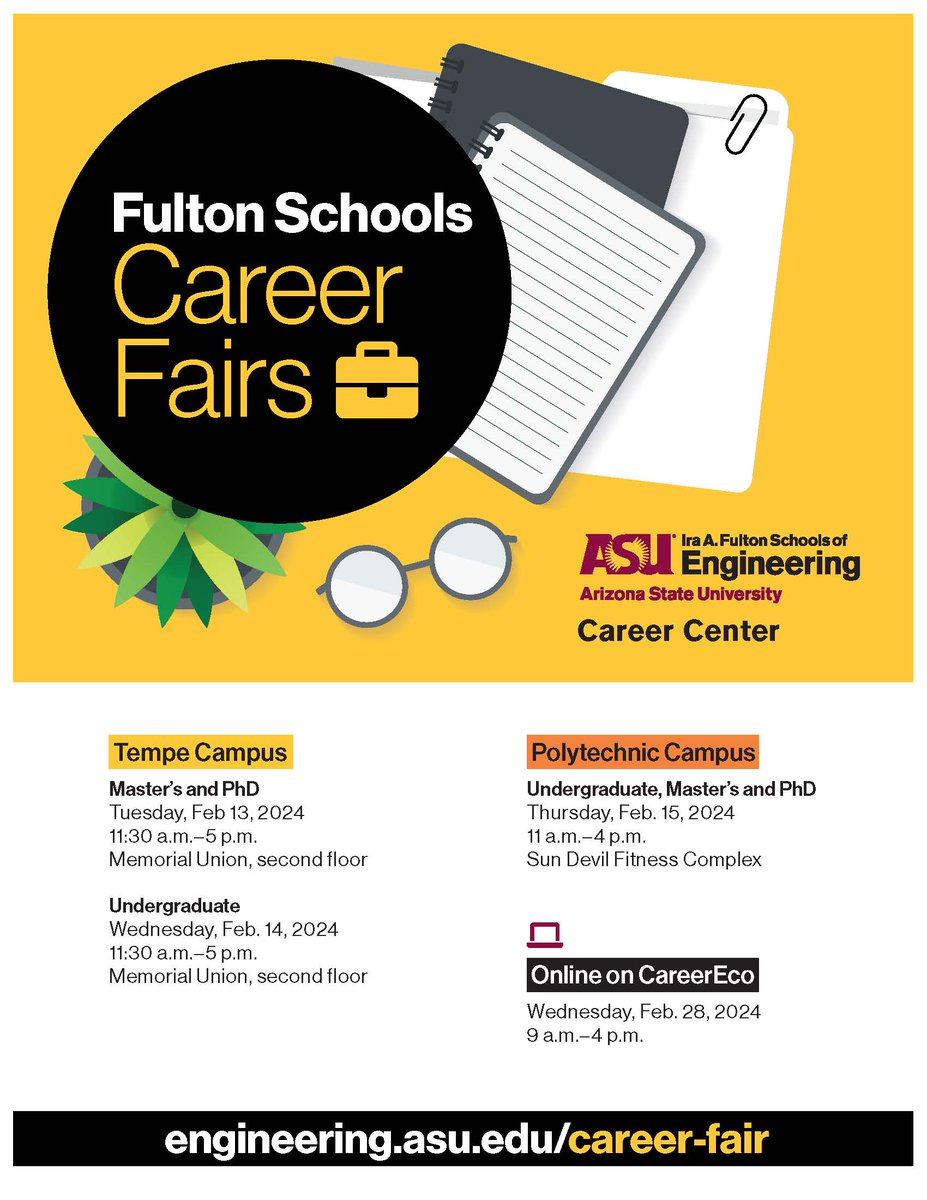 Don't miss out on the Fulton Schools Career Fair coming up!  Head to career.engineering.asu.edu for more information and to register!