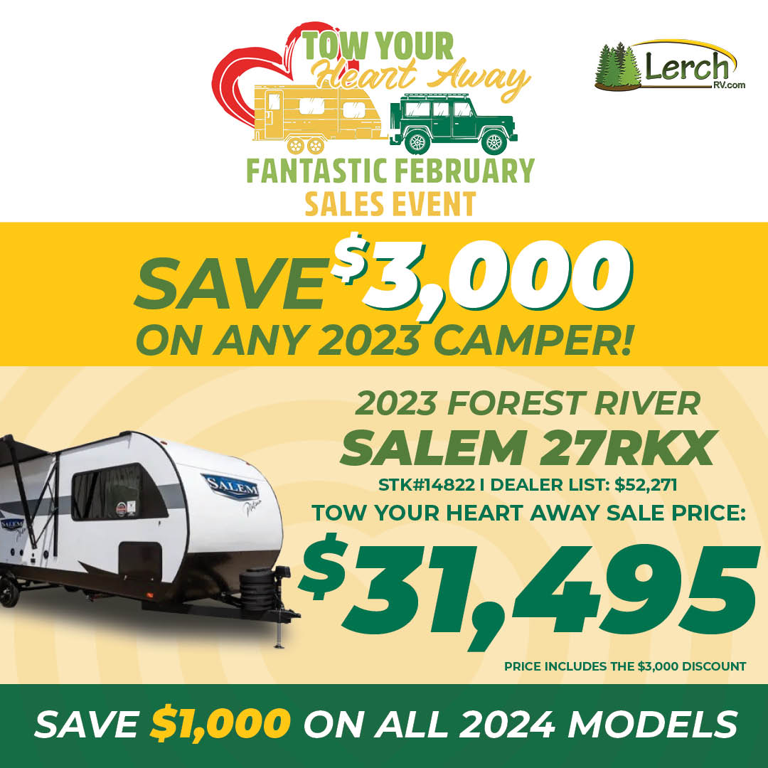 Get your love on the move! Skip the roses & indulge in a $3k off deal on a 2023 Salem 27RKX at Lerch RV's Tow Your Heart Away Sale! lerchrv.com/listings/2023-… #RVLove #goRVing #fantasticFebruary #centralPA #followthefox #RVsales🏕️❤️