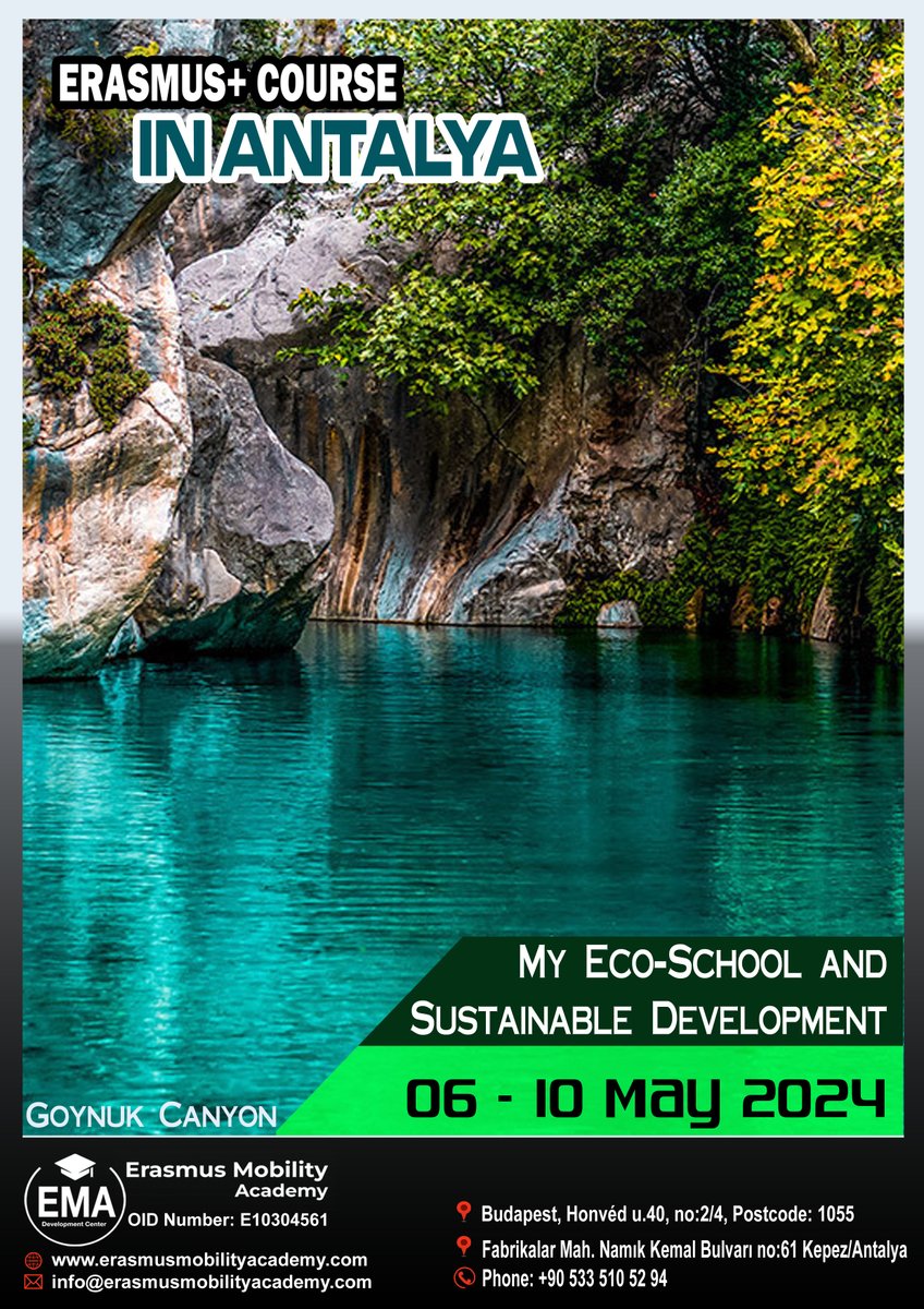 Erasmus+ CONFIRMED Courses
ANTALYA
06 - 10 MAY 2024
My ECO SCHOOL and Sustainable Development
Contact us: erasmusmobilityacademy.com/courses/eco-sc…

info@erasmusmobilityacademy.com

#EcoSchools #environmental #sustainability  #ErasmusPlusOpportunity #eramusmobilityacademy #ErasmusPlus #antalya