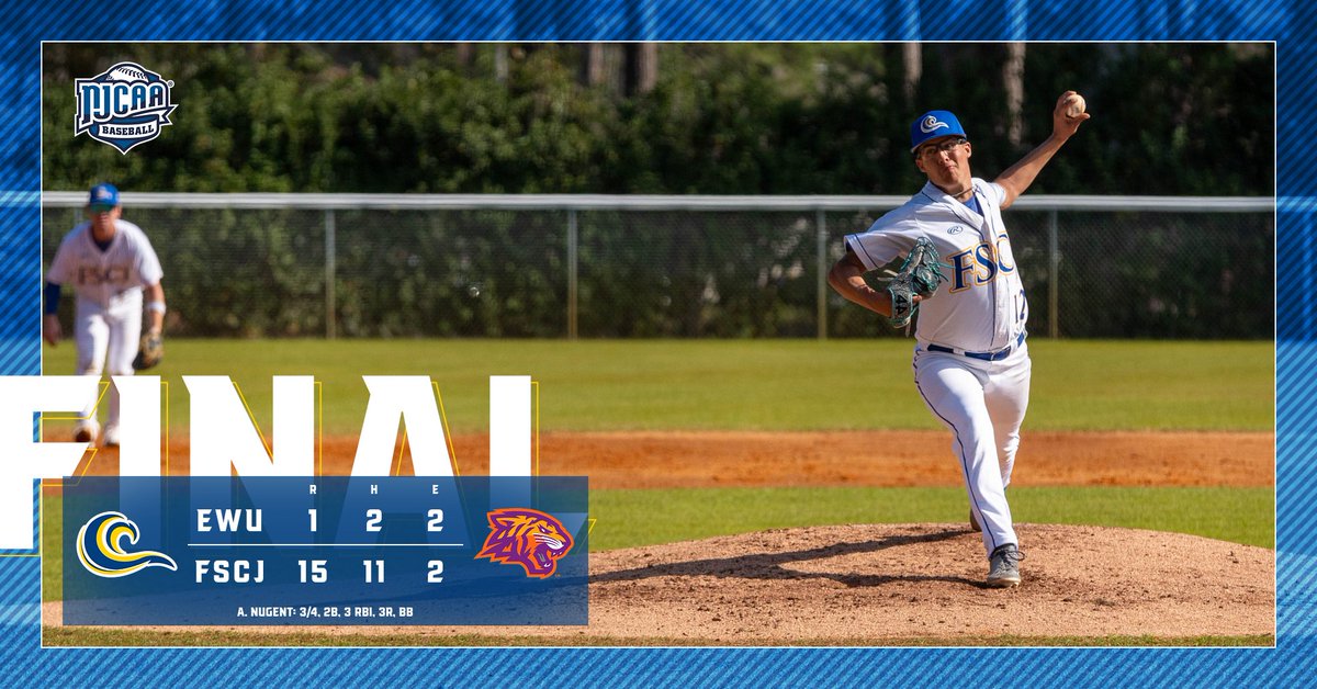 FINAL/7: FSCJ defeats EWU 15-1 in 7! Ashton Nugent led the way offensively, going 3 for 4 with a 2B, 3 RBI, 3R, and a BB. The Blue Wave hit the road Friday for a 1pm contest at Daytona State.