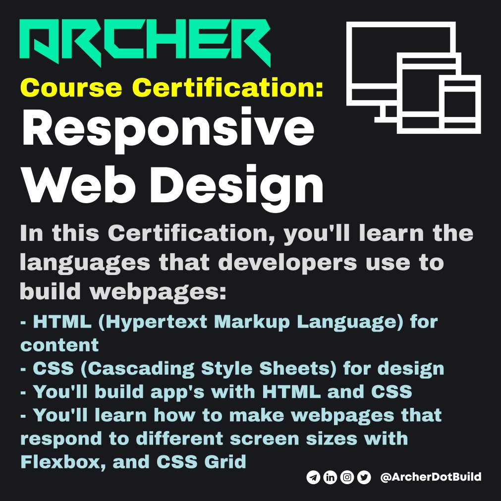 ArcherDotBuild's tweet photo. Responsive Web Design Certification
-
Diseño Web Adaptable Certificación
-
➡️➡️➡️ https://t.co/LEoixcM9ON