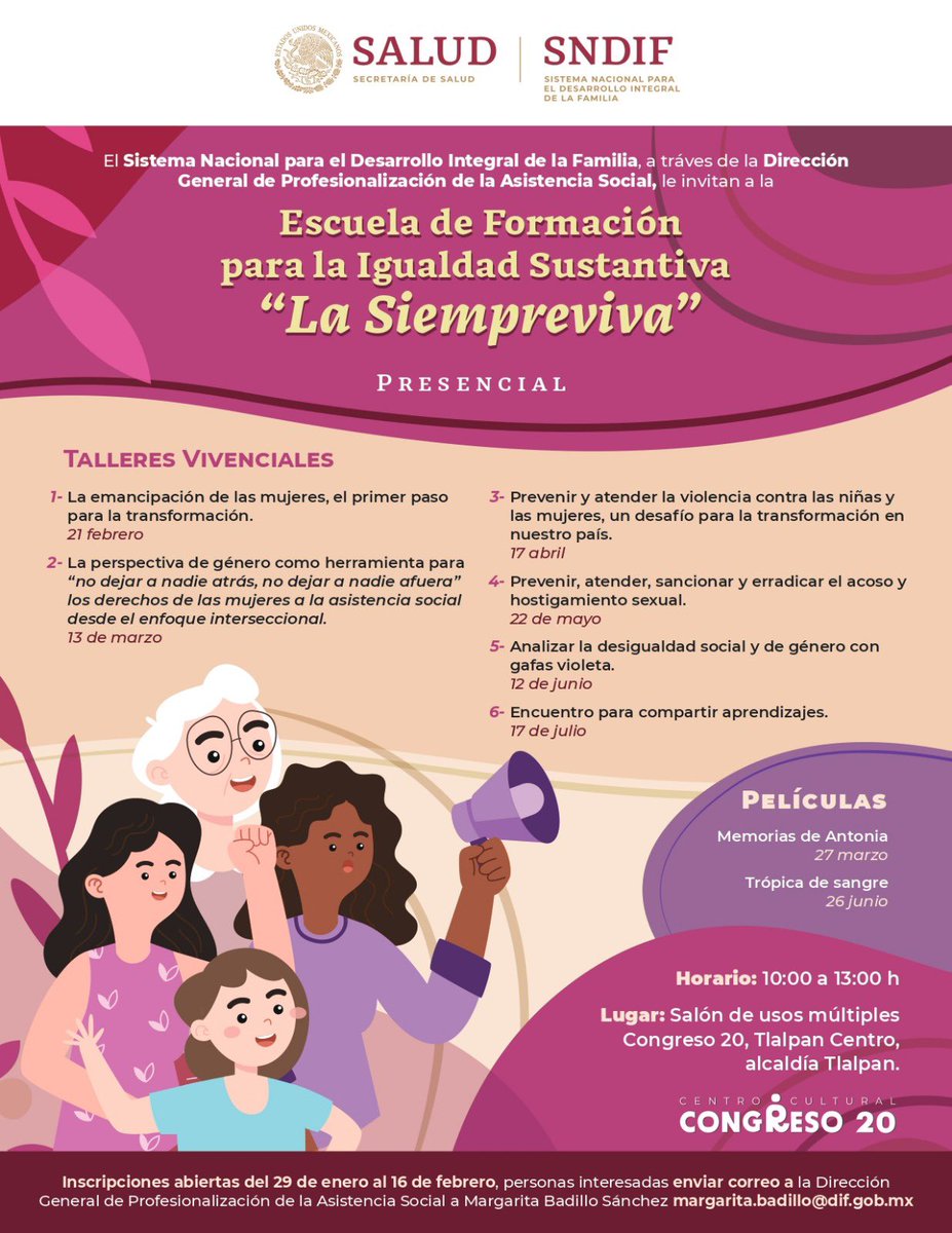 DIF_NMX's tweet photo. ¿Te interesa la capacitación en temas de derechos de las #mujeres? 

Conoce la Escuela de Formación para la Igualdad Sustantiva “La Siempreviva” 💜.

Un espacio de diálogo y compartición de saberes. 

Consulta todas las actividades de febrero a julio 2024.👇🏽 https://t.co/jbksAKdTVL