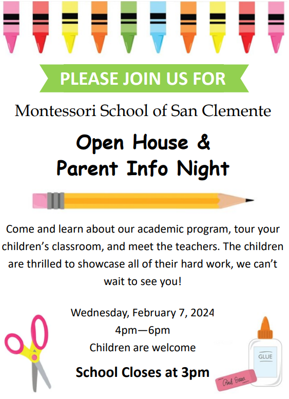 Montessori_SC's tweet photo. Reminder, school closes at 3:00 PM today for our Open House!

Join us for Open House from 4:00 - 6:00 PM and learn about our academic program, tour your children's class, and hear about what they're learning. See you there!

#montessori #preschool #sanclemente #openhouse #talega https://t.co/TOrzh97whm