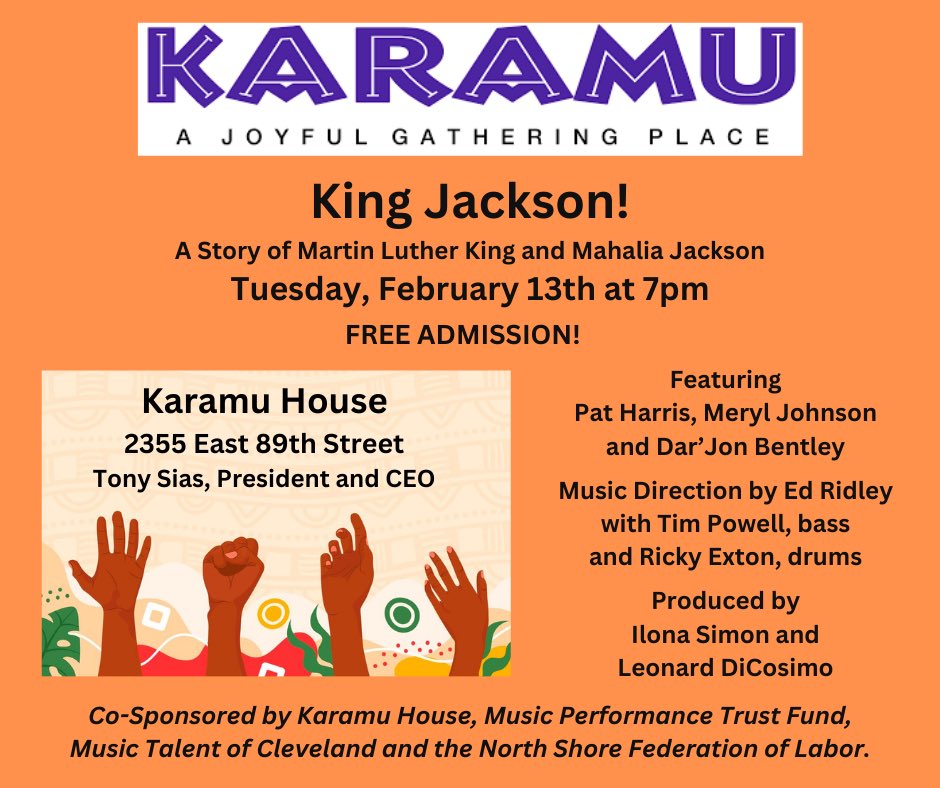 Join us Tuesday, February 13 to celebrate the relationship between Martin Luther King and Mahalia Jackson. 7pm downbeat. Cosponsored by <a href="/KaramuHouseInc/">Karamu House</a>, <a href="/TheMPTF/">Music Performance Trust Fund</a> <a href="/local4afm/">Local 4 AFM</a>, the North Shore AFL-CIO and musictalentofcleveland.org