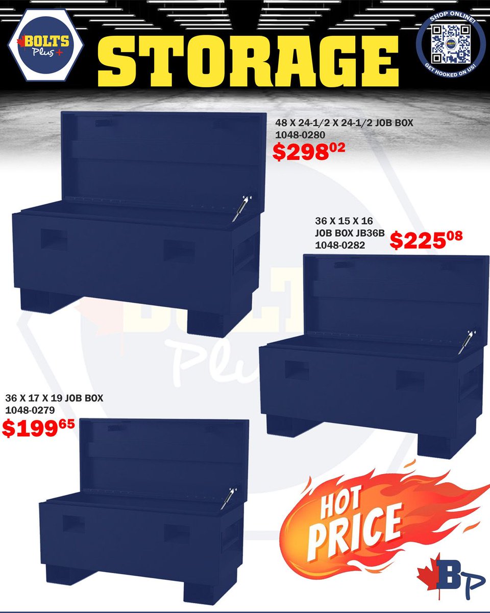 🔥 Don't miss out on scorching deals! Our job boxes are now at hot prices, exclusively at Bolts Plus! Get organized and save big today! 🔥 #boltsplus #hotdeals #jobbox #storage #toolbox #storagebin #industrial #construction #contractors #ontario