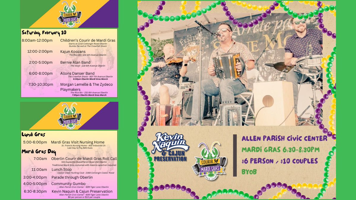 Looking for some new #MardiGras plans this year? Join us in Oberlin, LA for a weekend of good music and traditional Courir de Mardi Gras fun! @KPLC7News @LouisianaTravel @BillyNungesser @krvsmedia @CODOFIL