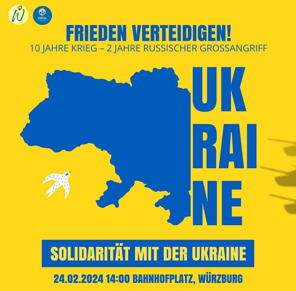 UA_Demos_DACH's tweet photo. WÜRZBURG 24.2.24 🇺🇦🇩🇪
🇩🇪🇺🇦
Liebe Freunde,
auch in Würzburg können wir am zweiten Jahrestag solidarität mit der Ukraine zeigen.
Beginn: 14 Uhr am Bahnhofsplatz
#wü2402 #lightwillwinoverdarkness #StandWithUkraine #ukrainedemo https://t.co/jaM8MZB1pF