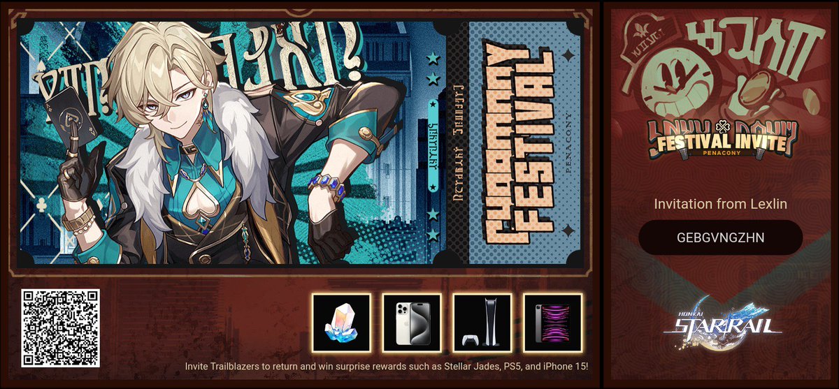 Lexlin_'s tweet photo. Invite Trailblazers to return and win surprise rewards such as Stellar Jades, PS5, and iPhone 15! https://t.co/akxRWqEFEF