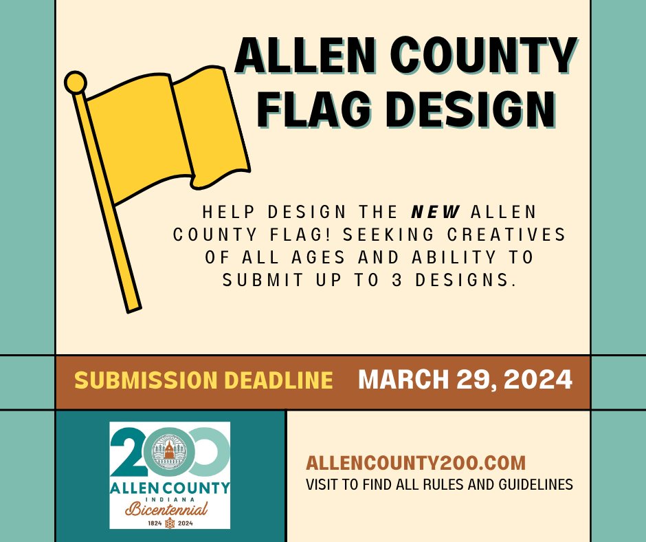 allencountyinfo's tweet image. The Allen County Flag Design Competition is still open. With less than 8 weeks left, now is the time to submit your designs! allencounty200.com  #flagdesign #flagdesigncontest #vexillology #graphicdesign #allencountyIN #allencountyindiana #AllenCo200 #allencounty200