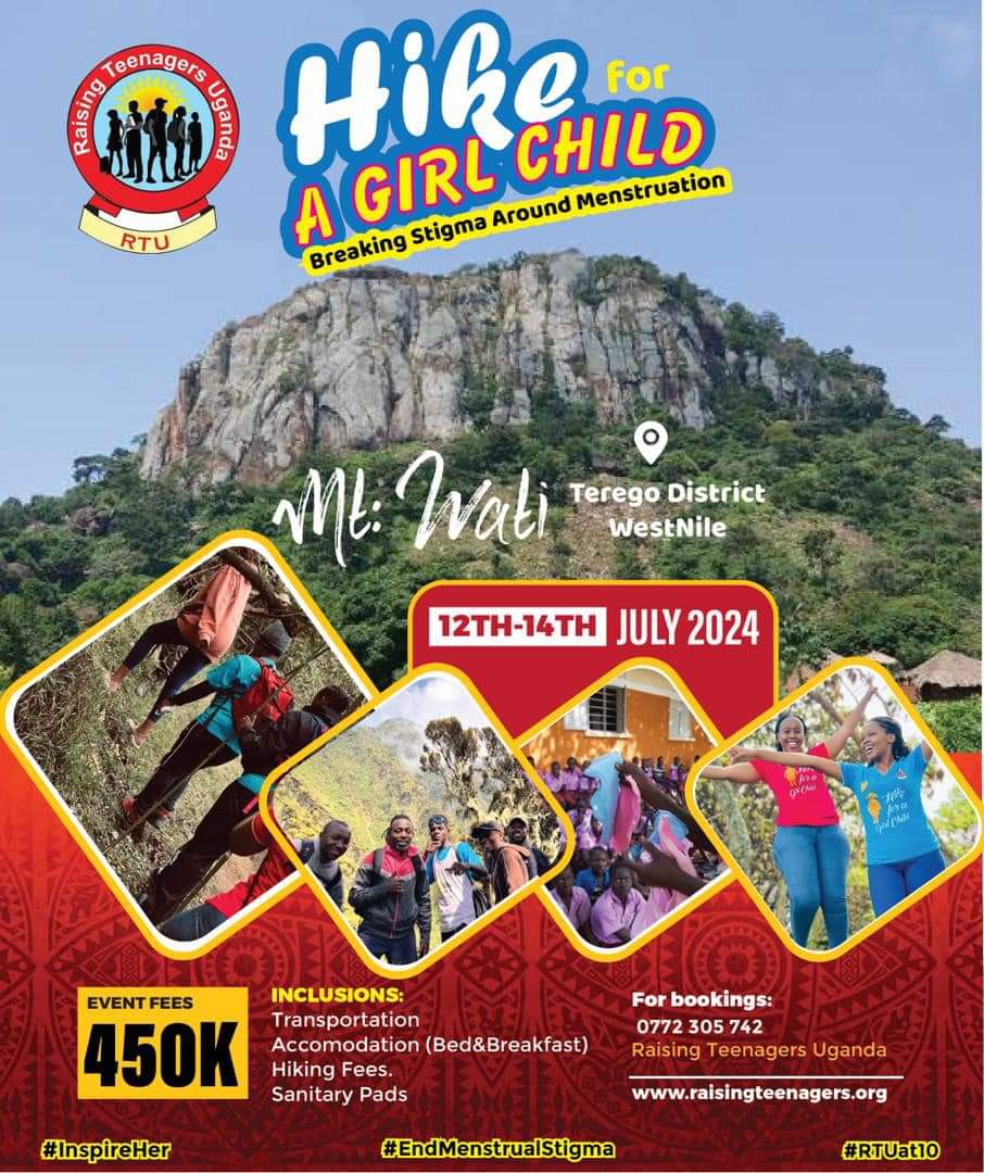 The 2024 Hike for Girls event organised by @RaisingTeensUg2 will drive attention towards challenges faced by adolescent Girls in WestNile-Terego District, and steer conversations around Menstrual Justice for all Girls in the region to Menstruate with dignity.