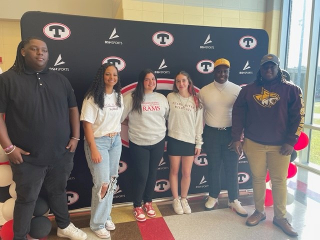 Theodore High's signees today: softball players Lauren Dickinson (U. of Mobile), Chloe Coble (Pearl River CC) &amp; Brianna Ryan (Coastal Alabama CC) &amp; football players Derrick Lee (Birmingham-Southern), Tim Williams (Pearl River CC) &amp; Cameron Rogers (Alcorn State). #AimForExcellence