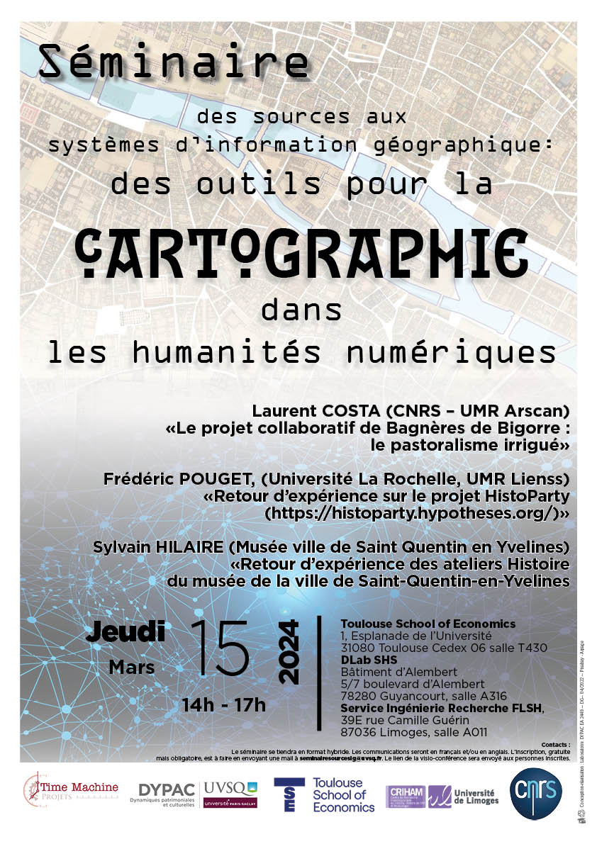 📢Séminaire #sources / #SIG jeudi 15/02 à 14h
#collaboratif #participatif en Histoire
Laurent Costa <a href="/ArcheoEnv7041/">ArScAn Archeologies Environnementales</a> projet #BagnèresdeBigorre pastoralisme irrigué
Frédéric Pouget <a href="/LIENSsCNRSULR/">UMR LIENSs</a> / Sylvain Hilaire 
musée ville #SaintQuentinenYvelines retour #expérience #histoparty⬇️