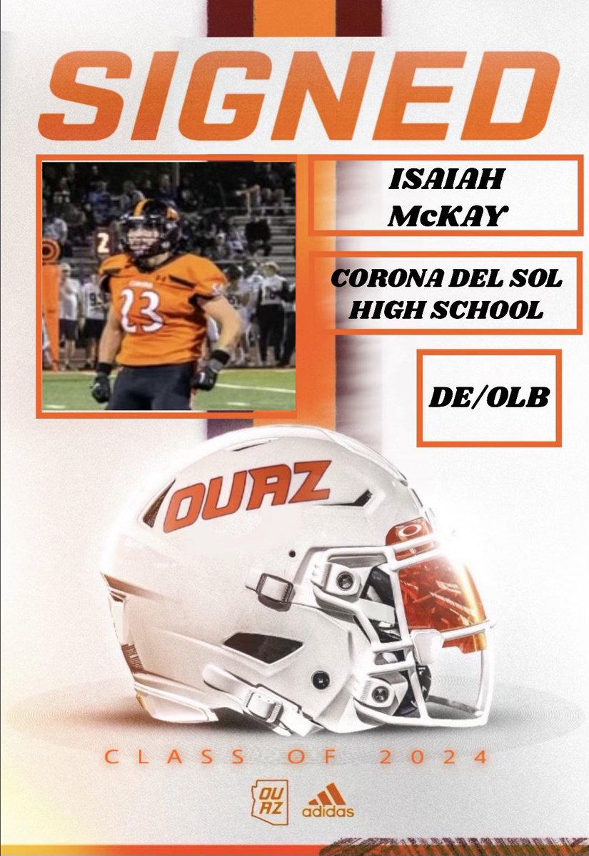 isaiahmckay23's tweet photo. It’s official! Lets get to work! #signed @OUAZFootball @CoachJDominguez @CoachBarro @BrandonAnger4 https://t.co/JnuhUl0434
