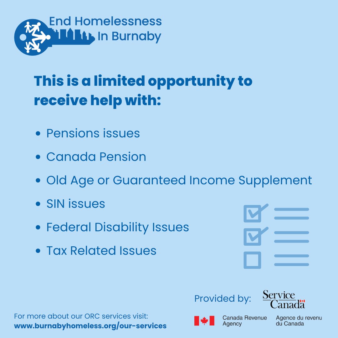 Coming to our Thurs ORC this month on Feb. 29 at 9:30 am: Service Canada & CRA will be attending to help our guests with Pension, SIN, Disability, or Tax questions!