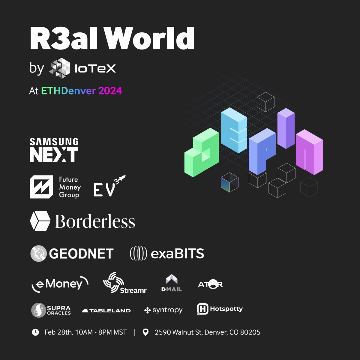 IoTeX (@iotex_io) on Twitter photo #DePIN is a multi-dimensional ecosystem of visionary people β builders, investors, founders, and believers.
#R3ALWORLD brings them all together. π€π€
Register now: lu.ma/r3al-world-ethβ¦
Hosted by IoTeX.
Sponsored by @SamsungNEXT, <a href="/fmgroupxyz/">FutureMoney Group</a>, @ev3ventures, <a href="/borderless_cap/">Borderless</a>, #DePIN is a multi-dimensional ecosystem of visionary people β builders, investors, founders, and believers.
#R3ALWORLD brings them all together. π€π€
Register now: lu.ma/r3al-world-ethβ¦
Hosted by IoTeX.
Sponsored by @SamsungNEXT, <a href="/fmgroupxyz/">FutureMoney Group</a>, @ev3ventures, <a href="/borderless_cap/">Borderless</a>,