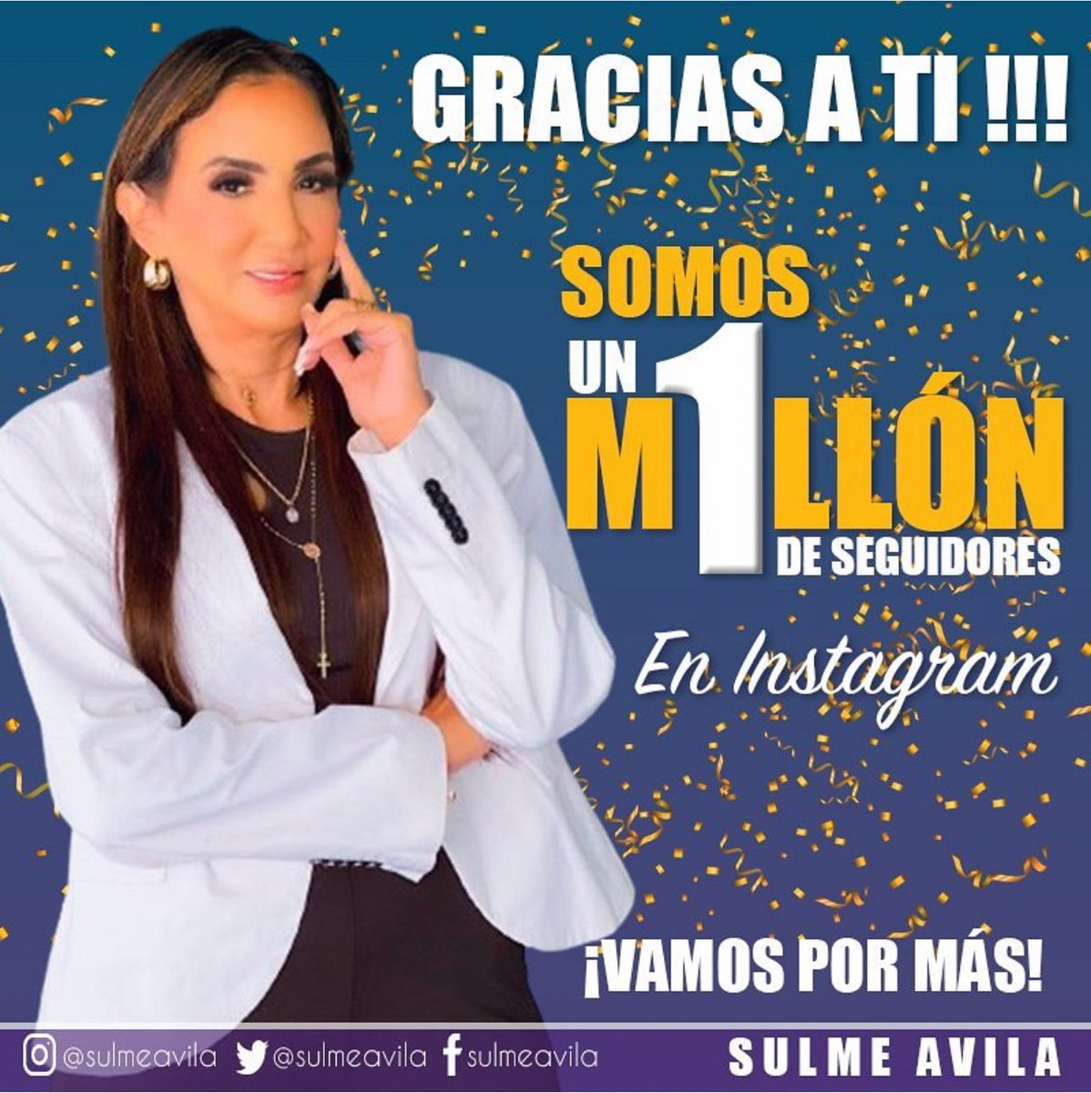 sulmeavila Gracias a todos mis seguidores por hacerme llegar al millón, por la confianza de tanto años de poder reír juntos, de poder despertar con días grises, días blancos, días rosados, pero lo más importante siempre con la bendición de Dios …