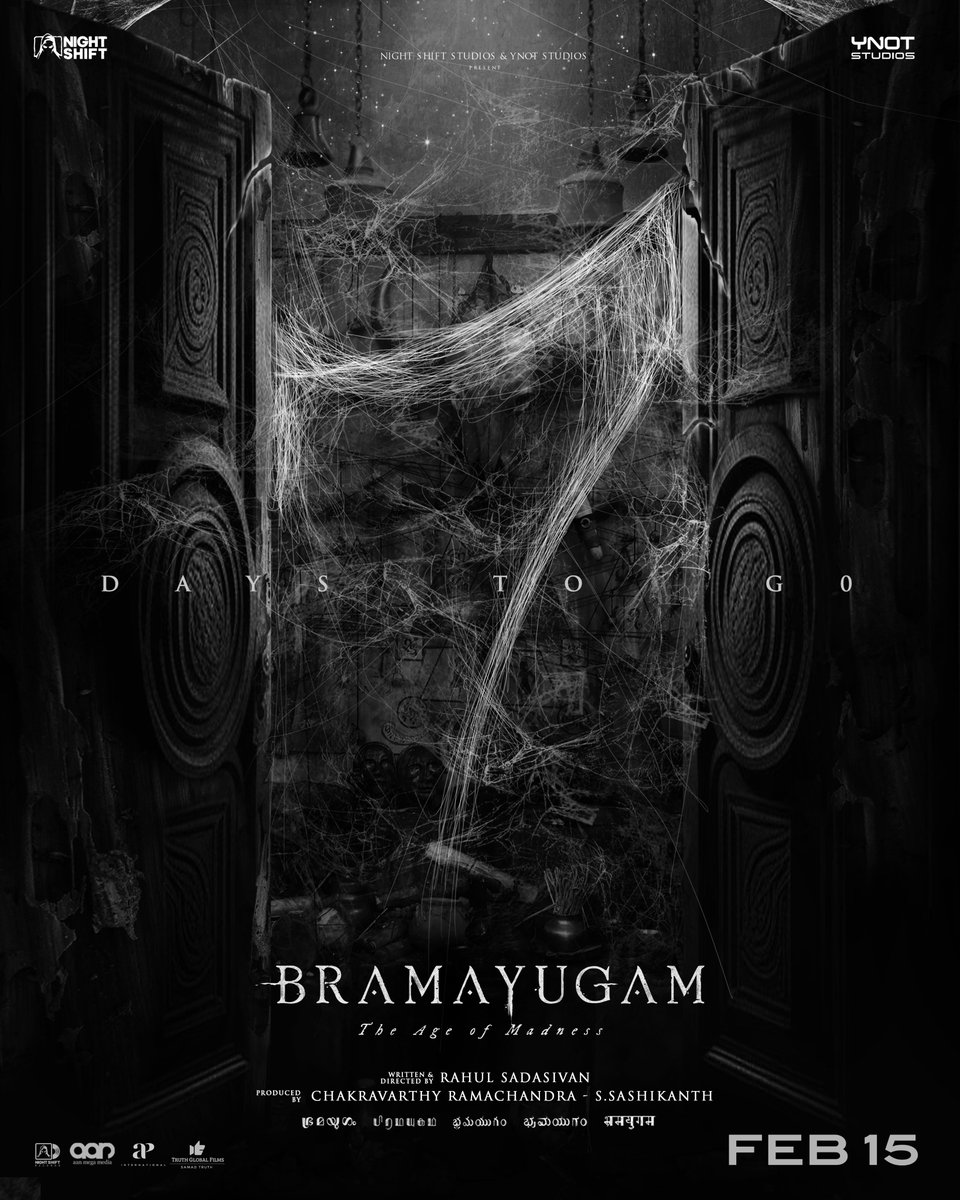 7 DAYS TO GO FOR #Bramayugam ! In Cinemas Worldwide From FEB 15 #Bramayugam starring @mammukka Written & Directed by #RahulSadasivan Produced by @chakdyn @sash041075 @allnightshifts @studiosynot @Truthglobalofcl @AanMegaMedia @APIfilms @SureshChandraa @pro_sabari @venupro