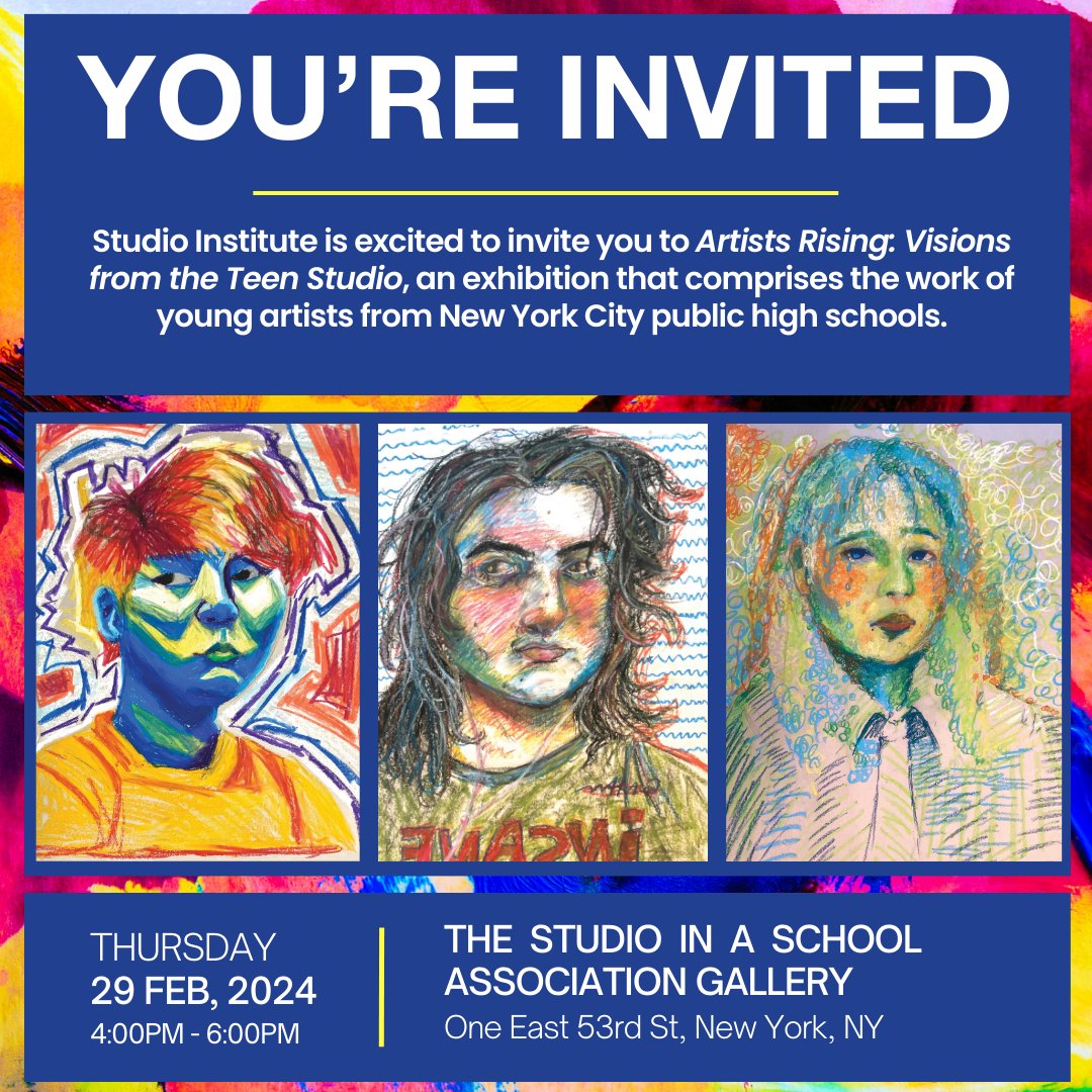 🎨 Join us for 'Artists Rising: Visions from the Teen Studio'! 🌟 This exhibition celebrates young artists from NYC public high schools.  Don't miss this showcase of emerging talent! #ArtistsRising #TeenStudio #NYCArtists #CreativeYouth #StudioIntensive