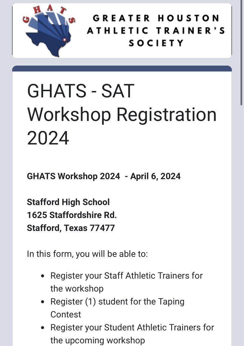Our 2024 GHATS Workshop registration form is LIVE! Check out the link in our stories and bio! We look forward to seeing you at Stafford High! <a href="/SWATAD6/">SWATA</a> <a href="/NATA1950/">NATA</a> 

forms.gle/LBWUWf5veSfw7n…