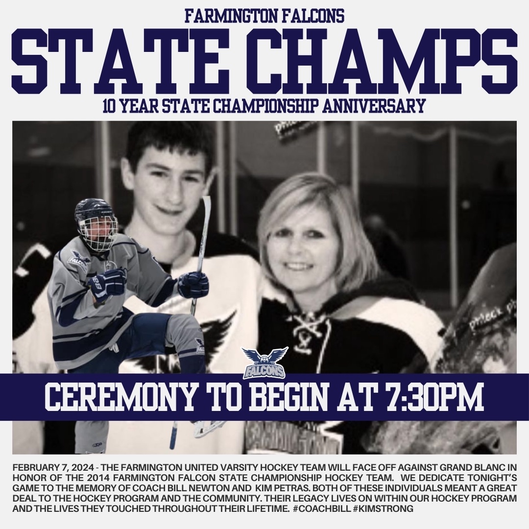 celebrating the amazing championship run from our 2014 FARMINGTON FALCON STATE CHAMPIONSHIP TEAM tonight! the ceremony will begin around 7:30PM 

#CoachBill #KimStrong