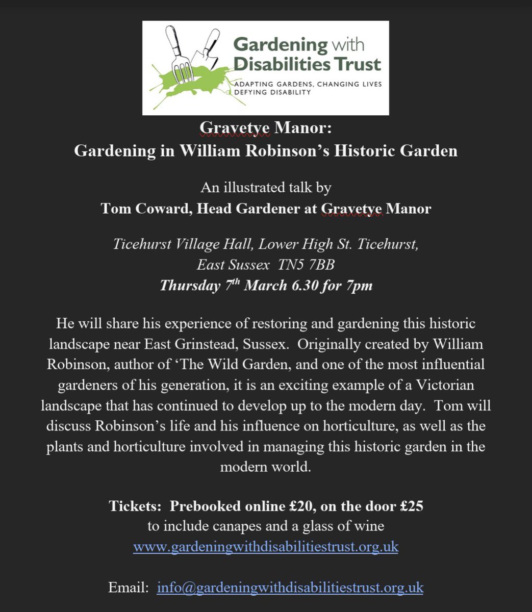 Tom Coward the Head Gardener at Gravetye Manor is giving an Illustrated talk on "Gravetye Manor - Gardening in William Robinson's Historic Garden" at Ticehurst Village Hall on Thursday 7th March. Visit our website to find out more and book your tickets now
#gardening #charity