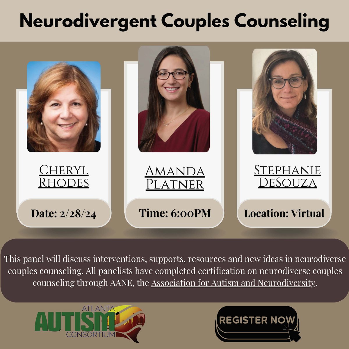 Michael Morrier, PhD, BCBA-D (@mmorrie) on Twitter photo Join the #AtlantaAutismConsortium for a discussion featuring EXPERTS Cheryl Rhodes, Amanda Platner, and Stephanie DeSouza, who will discuss interventions, supports, resources and new ideas in neurodiverse couples counseling. #AutismSupport #NeurodiversitySupport Join the #AtlantaAutismConsortium for a discussion featuring EXPERTS Cheryl Rhodes, Amanda Platner, and Stephanie DeSouza, who will discuss interventions, supports, resources and new ideas in neurodiverse couples counseling. #AutismSupport #NeurodiversitySupport