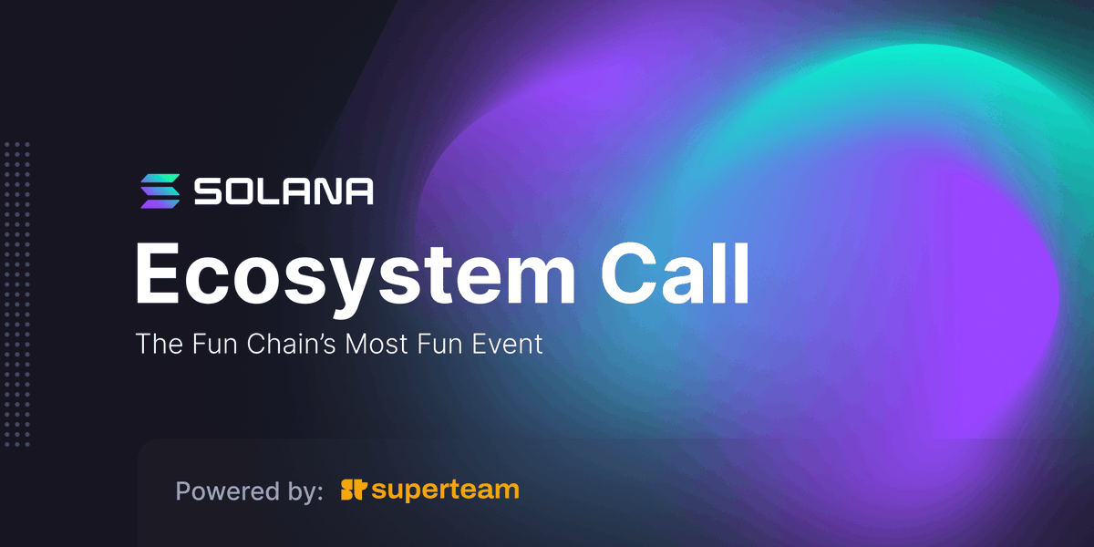 Solana (@solana) on Twitter photo The Solana ecosystem call by @SuperteamDAO tomorrow is stacked 🔥
💪 <a href="/bryan_johnson/">Bryan Johnson</a> on Crypto x Longevity
🐱 <a href="/weremeow/">meow</a> on Jupuary
💬 <a href="/dwr/">Dan Romero</a> on Farcaster
And so much more from Solana builders! Feb. 8 at 10am PST (18:00 UTC).
Don't miss it, RSVP: app.getriver.io/superteam The Solana ecosystem call by @SuperteamDAO tomorrow is stacked 🔥
💪 <a href="/bryan_johnson/">Bryan Johnson</a> on Crypto x Longevity
🐱 <a href="/weremeow/">meow</a> on Jupuary
💬 <a href="/dwr/">Dan Romero</a> on Farcaster
And so much more from Solana builders! Feb. 8 at 10am PST (18:00 UTC).
Don't miss it, RSVP: app.getriver.io/superteam