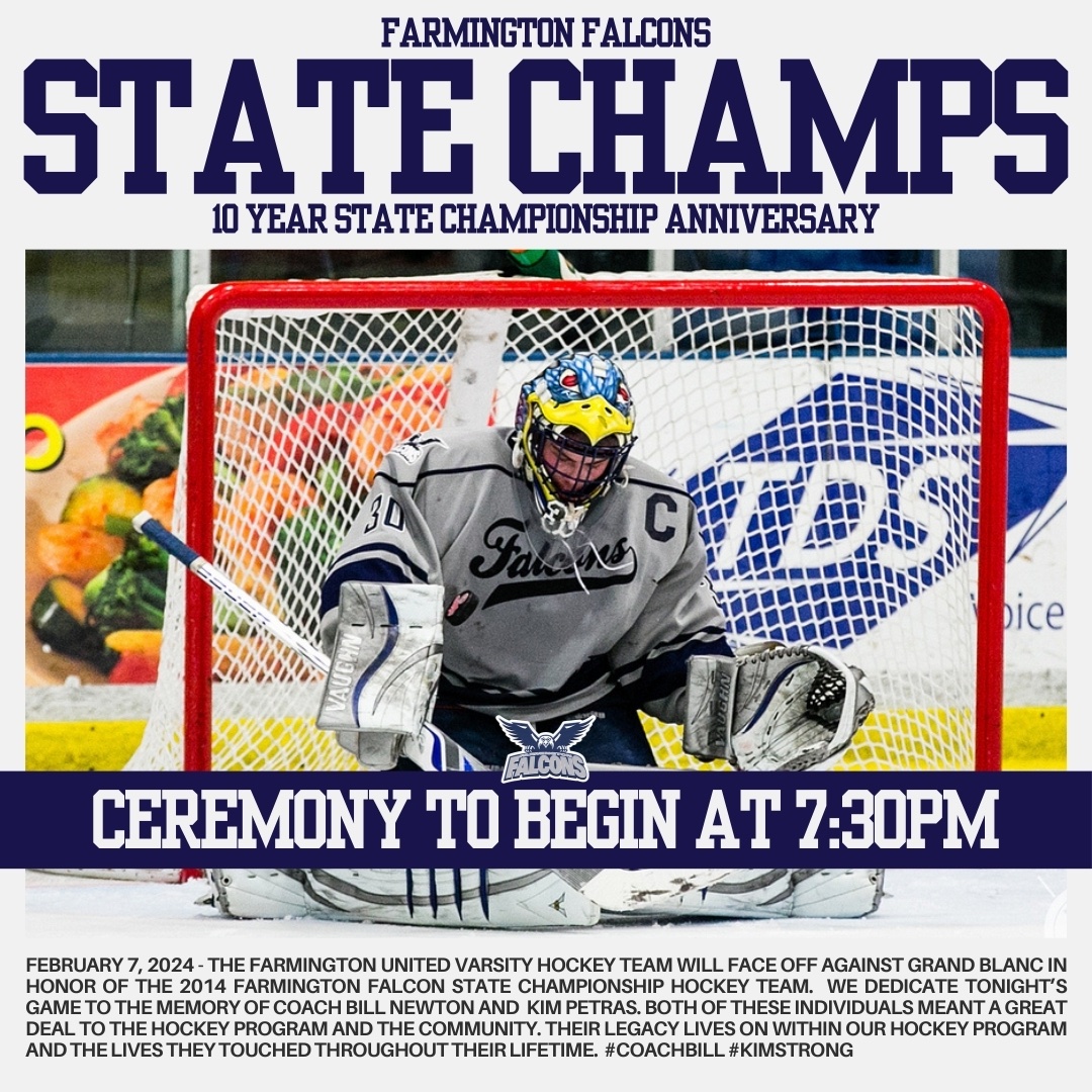 celebrating the amazing championship run from our 2014 FARMINGTON FALCON STATE CHAMPIONSHIP TEAM tonight! the ceremony will begin around 7:30PM 

#CoachBill #KimStrong
