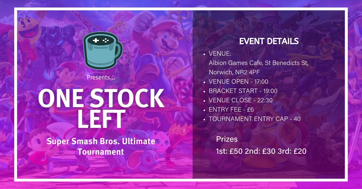 AlbionGamesCafe's tweet photo. Our previous One Stock Left results have concluded!

The signup page for the next Super Smash Bros. tournament is live too, this can be found on the reply below and is taking place on Saturday 17th February! https://t.co/qqDELBxy2O
