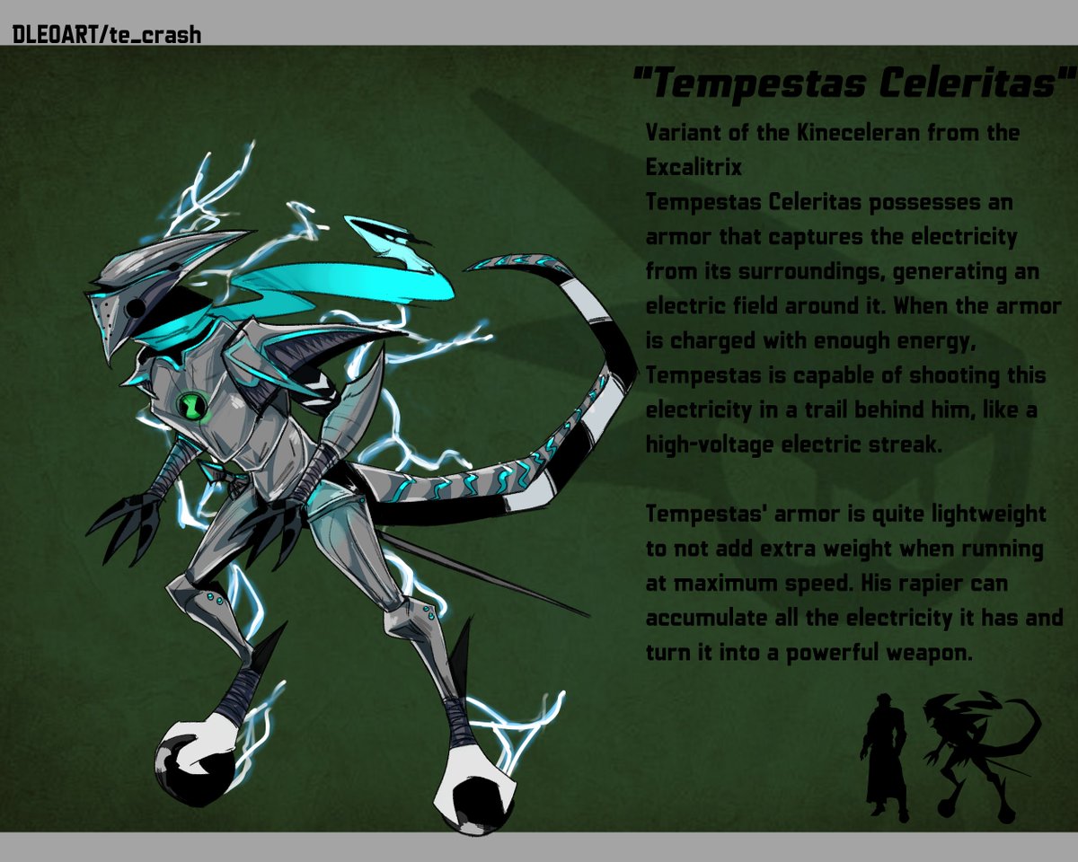 DLE0ART's tweet photo. 4to alien revelado "Tempestas Celeritas" Los rayos no lo alcanzan menos los caballeros.. 
Splash art: @te_crash 
(arte inspirado en @TrixTheAlien y @hanibal38426) 
#excalitrix #chaquetrix #carnitrix https://t.co/JVCE411xNo