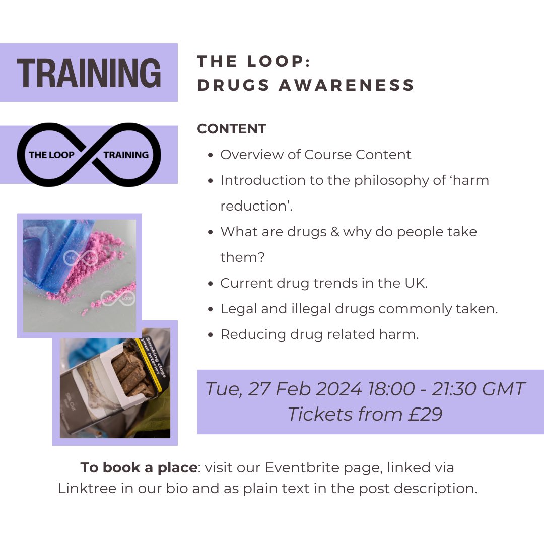 The Loop’s first online training course of 2024 is on Tuesday the 27th of Feb @ 6pm and is delivered on Zoom 🎉

This course is an ideal introduction to some of the most commonly taken “club drugs” including cocaine, MDMA &amp; ketamine.

Tickets here:

eventbrite.co.uk/e/drugs-awaren…