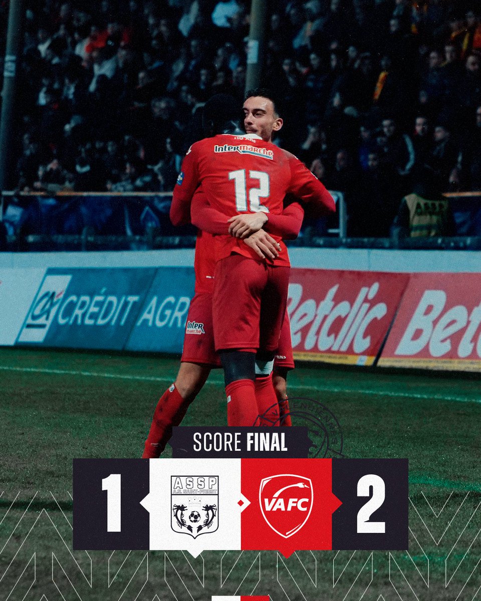 VAFC's tweet image. 🏁𝑸𝒖𝒂𝒍𝒊𝒇𝒊𝒆́𝒔 !

C'est terminé. Direction les quarts de finale de @coupedefrance pour nos Rouge &amp;amp; Blanc !🏆🔴⚪️
Félicitations à nos adversaires de l'@assaintpriest pour leur parcours !

1⃣-2⃣ #ASSPVAFC | #VAneRenonceJamais🦢