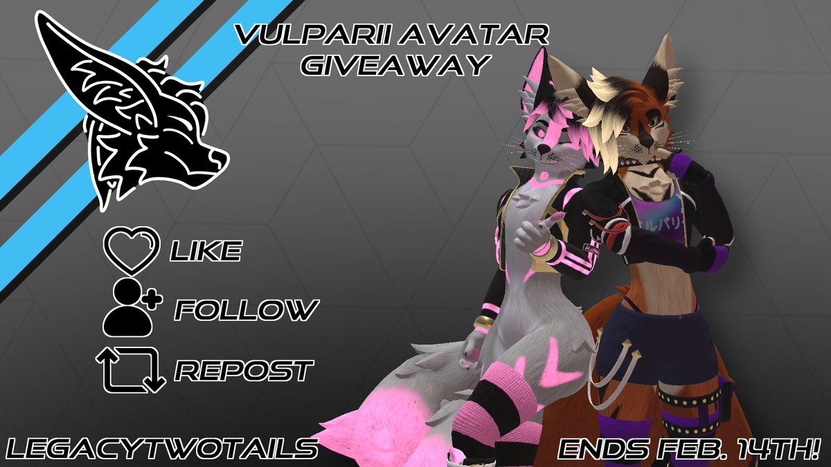 🌟Vulparii Avatar Giveaway🌟

The support has been overwhelming for the Vulparii, and as thanks I'm giving away 5 keys! &amp; I'll adding 1 for every 100 new followers!

To enter:
🖤Like
➕Follow
🔁Repost

Ends Feb 14th!

#VRChat #VR #VRC #Furry #VRChatAvatar #VRCFurry #Vulparii