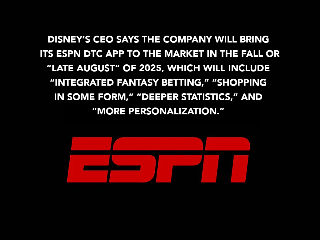 Disney will bring its #ESPN DTC app to the market in the fall or 'late August' of 2025, which will include 'integrated fantasy #betting,' “shopping in some form,” 'deeper statistics,' and 'more personalization.' No details were given on their yet-to-be-named ESPN partner. #disney