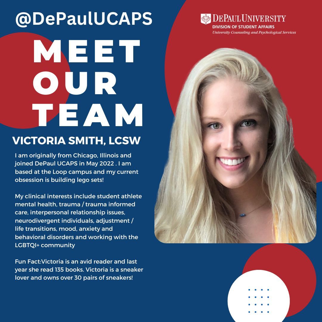 Meet our #DePaulUCAPS team! Victoria Smith, MSW, LCSW is a Licensed Clinical Social Worker @DePaulUCAPS. She also leads a #LoopCampus #therapygroup Understanding Ourselves and Others (Loop)!