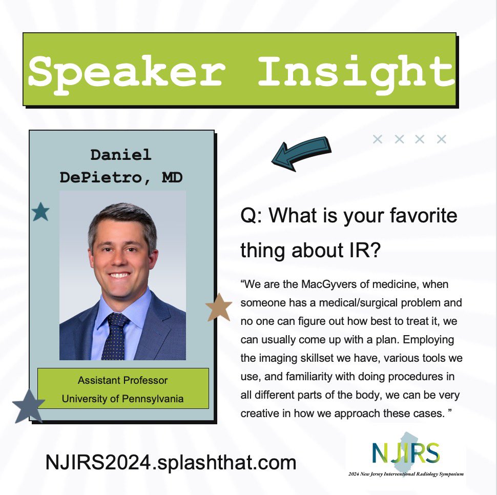 NJIRS (@njirsociety) on Twitter photo 🚨 Next in our Speaker Insight series is Dr. Daniel DePietro, Asst. Prof. of Radiology @UPenn. Come out to #NJIRS2024 and listen to his talk on “Interventional Oncology”. Register for the conference at the link below ‼️
njirs2024.splashthat.com 🚨 Next in our Speaker Insight series is Dr. Daniel DePietro, Asst. Prof. of Radiology @UPenn. Come out to #NJIRS2024 and listen to his talk on “Interventional Oncology”. Register for the conference at the link below ‼️
njirs2024.splashthat.com