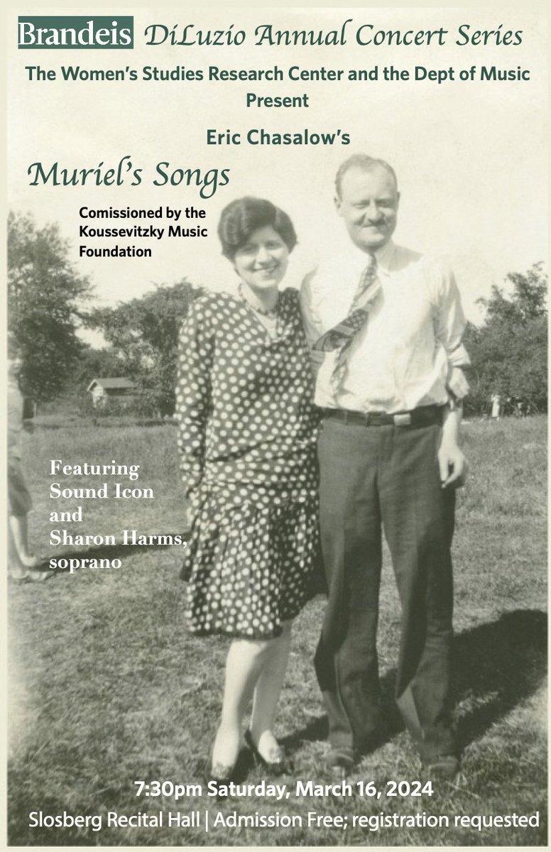Announcing the 3/16 premiere of the new song cycle "Muriel's Songs," to be performed by <a href="/SoundIcon/">Sound Icon</a> with soprano Sharon Harms. Location: the Recital Hall in Slosberg Music Center <a href="/BrandeisU/">Brandeis University</a>, 415 South St in Waltham. Reception to follow. Free tix @ eventbrite.com/e/diluzio-annu…