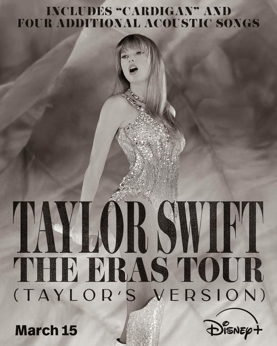 TheSwiftSociety's tweet image. 🚨| Eras Tour Film will be released on Disney+ including &quot;cardigan&quot; and 4 additional surprise songs