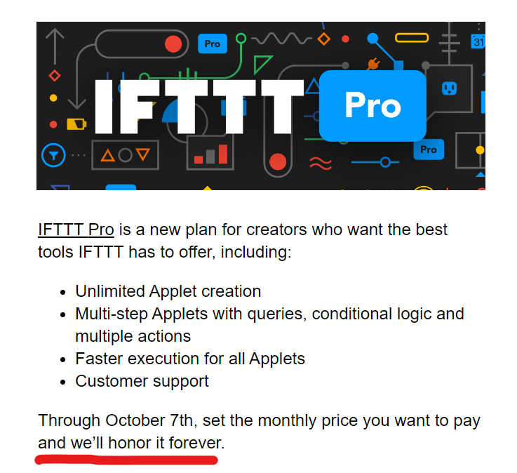 RovingReport's tweet photo. @IFTTT Would you honor your Pro+ subscription price for early adopters? Or pull the rug out with a price increase days before renewal? #ifttt #twitter https://t.co/t1VCBP7G50