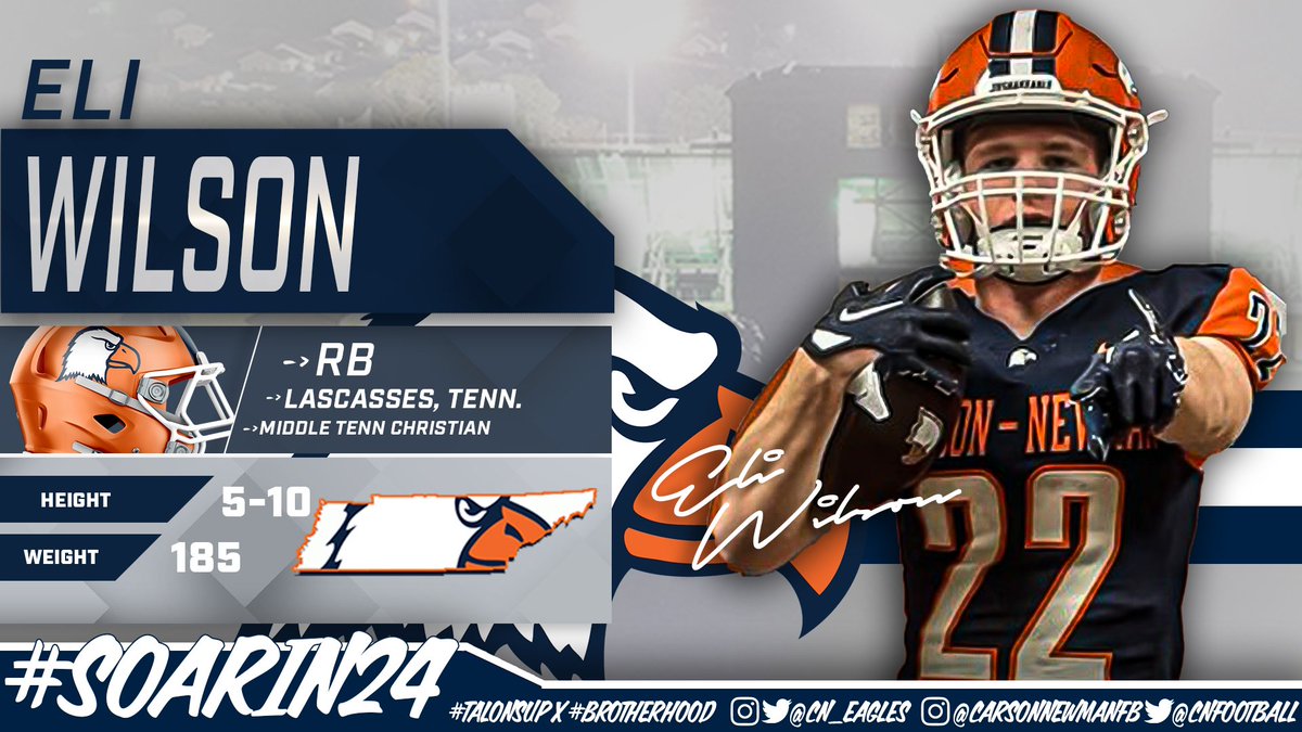 Carson-Newman Athletics (@cn_eagles) on Twitter photo ๐๏ธ #๏ธโฃ3๏ธโฃ8๏ธโฃ
Eli Wilson โ 5-10 โ 185 โ A-Back โ Lascasses, Tenn. โ Middle Tennessee Christian School - <a href="/eliwilson_22/">eli wilson</a>
๐ bit.ly/2024CNFBnsd
#CNNSD24 #SoarIn24 | #TalonsUp x <a href="/cnfootball/">Carson-Newman Football</a> ๐๏ธ #๏ธโฃ3๏ธโฃ8๏ธโฃ
Eli Wilson โ 5-10 โ 185 โ A-Back โ Lascasses, Tenn. โ Middle Tennessee Christian School - <a href="/eliwilson_22/">eli wilson</a>
๐ bit.ly/2024CNFBnsd
#CNNSD24 #SoarIn24 | #TalonsUp x <a href="/cnfootball/">Carson-Newman Football</a>