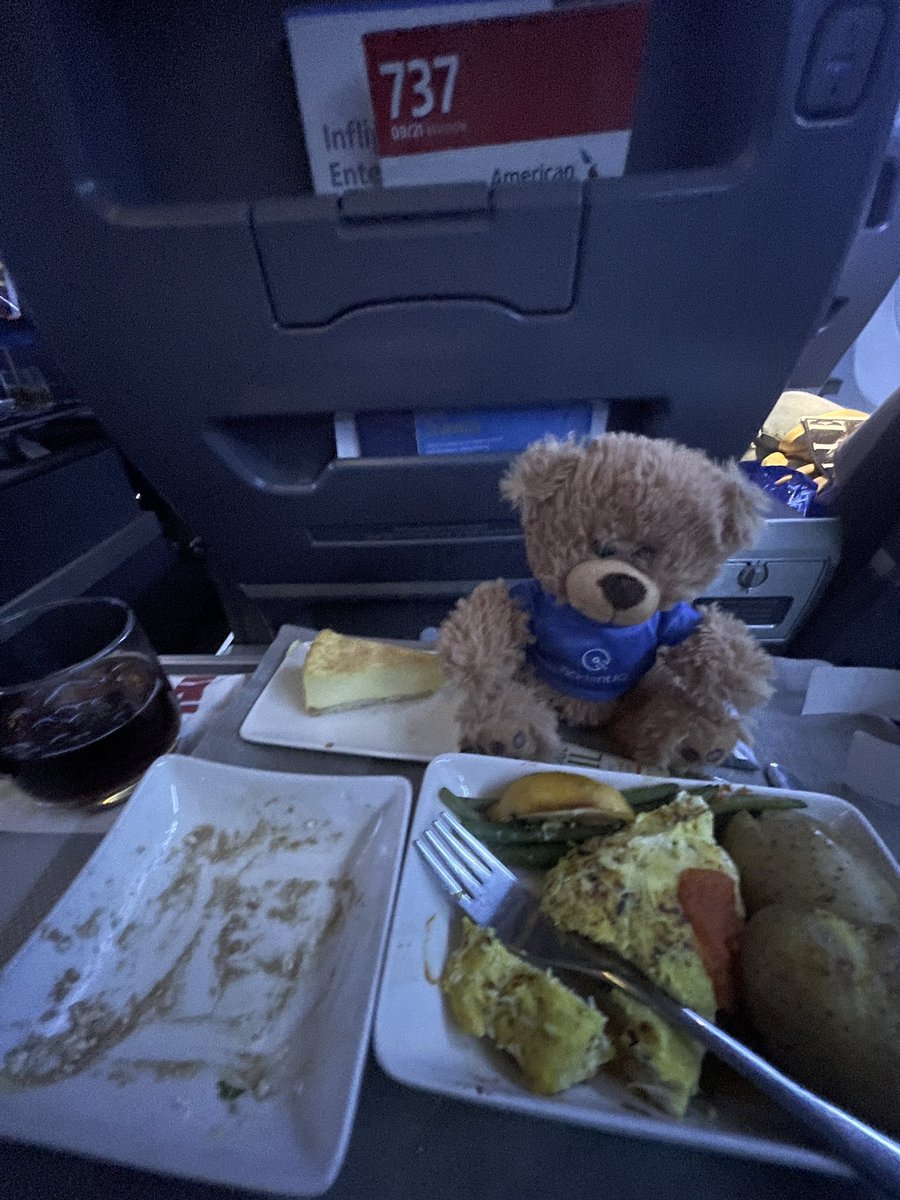 Carlos is flying first class for the first time just like me. We can Bear-Ly believe it! Amazing service so far. Thank you @AmericanAir #TCEA #iiQSharetheBear