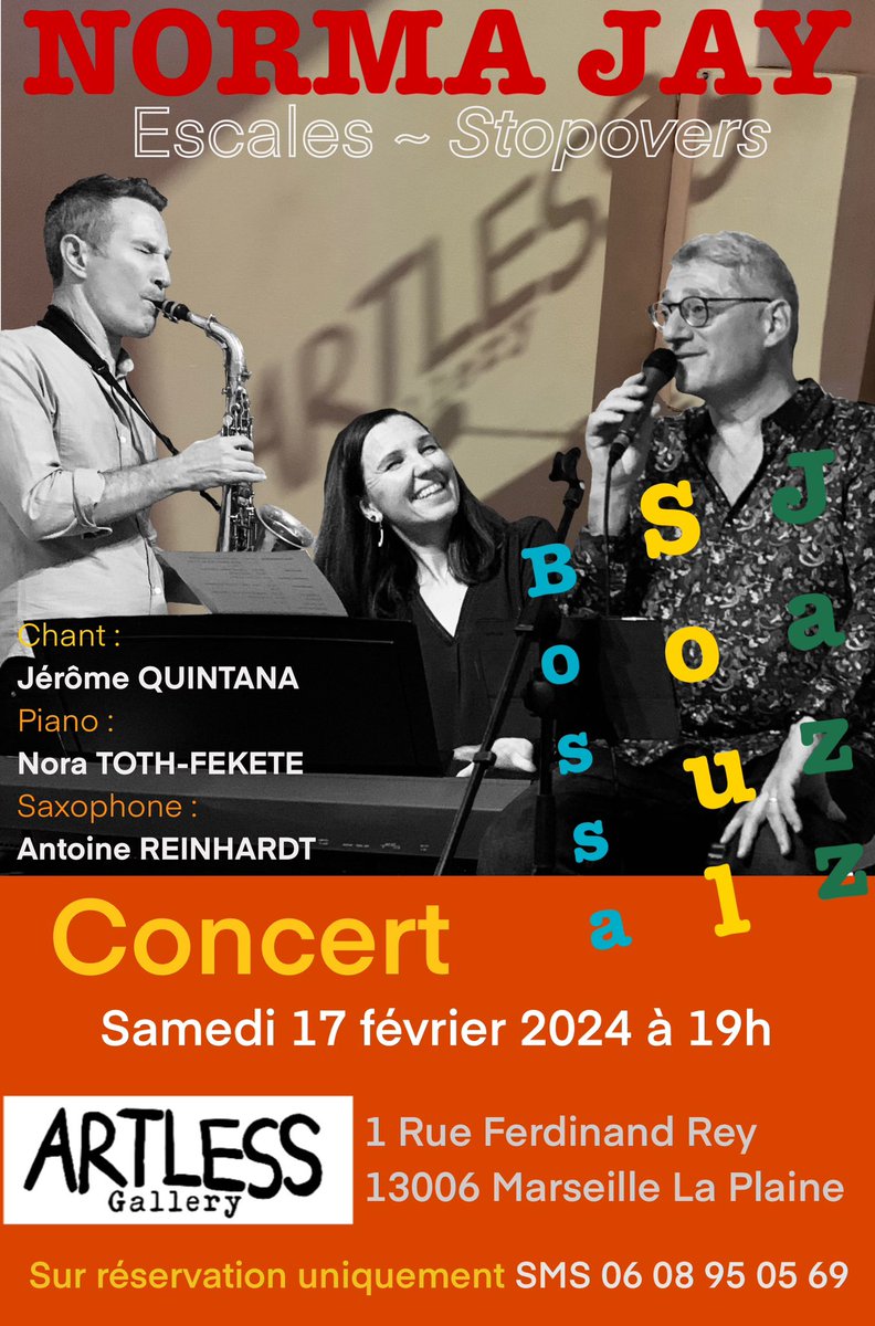 “Norma Jay” in concert on Saturday, February 17, 2024, at 7:00 PM at Artless Gallery! Reservation required, just text 0608950569. The concert is free but we will pass a hat if you want to contribute. See you there!

Artless Gallery, 1 rue Ferdinand Rey

#artlessgallery