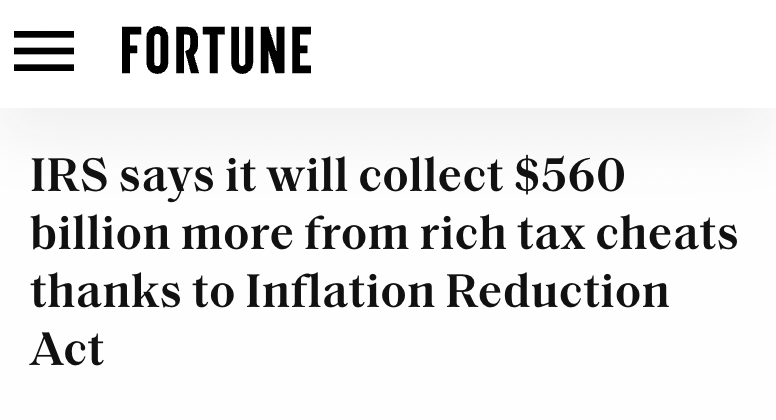 BREAKING: The IRS says it's on track to collect $560 BILLION in unpaid taxes from wealthy tax cheats.

This is what happens when you fund the IRS.

Anyone trying to rescind funding from the IRS just wants to let wealthy and corporate tax cheats off the hook.